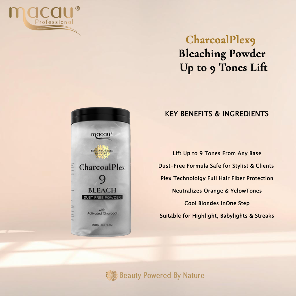Macau Professional CharcoalPlex9 Bleaching Powder packaging with key benefits on a beige background