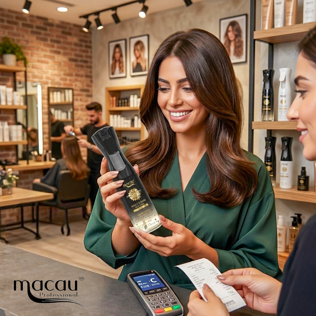 Woman in a salon receiving a product and payment slip from a staff member, with 'macau Professional' branding.