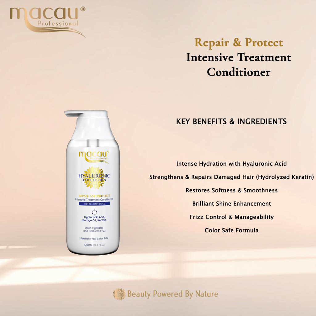 Macau Professional Intensive Treatment Conditioner bottle with benefits listed on a beige background